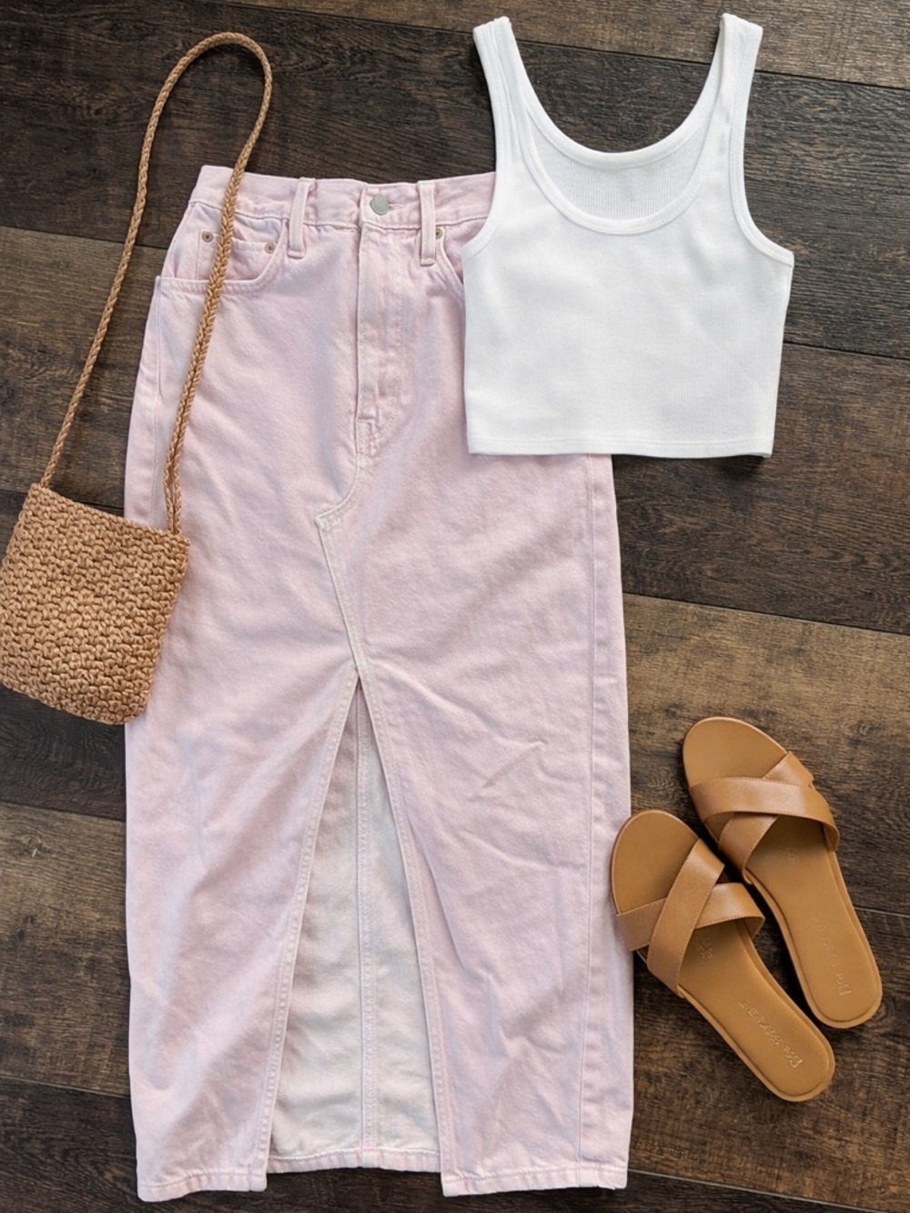 Etica Pink Denim Midi Skirt Size 25 High Rise Slit Minimalist